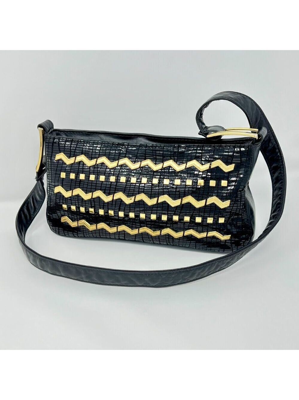 Vintage  Dawli  Art Deco Black Leather  East West  Art Deco Shoulder Bag